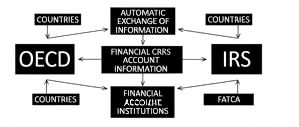 OECD與IRS作為兩大實體，箭頭顯示CRS與FATCA推動國家與金融機構間自動交換金融帳戶資訊