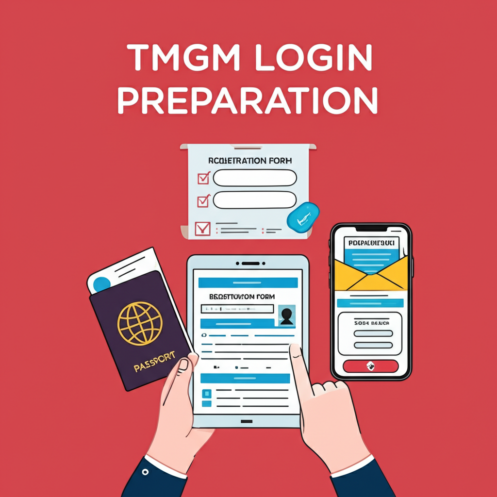 TMGM 登入準備清單插圖，包含平板上的註冊表單、護照驗證、手機下載應用程式及載有登入資訊的信封
