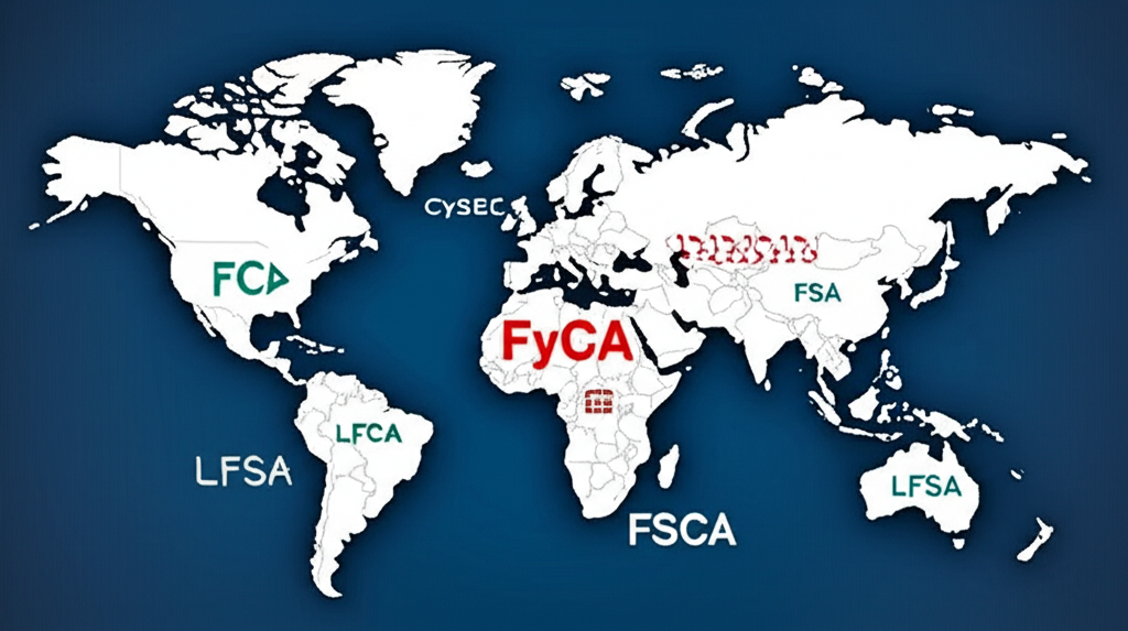 世界地圖標示Tickmill在全球的監管分布，各地區顯示FCA、CySEC、FSA等監管標誌