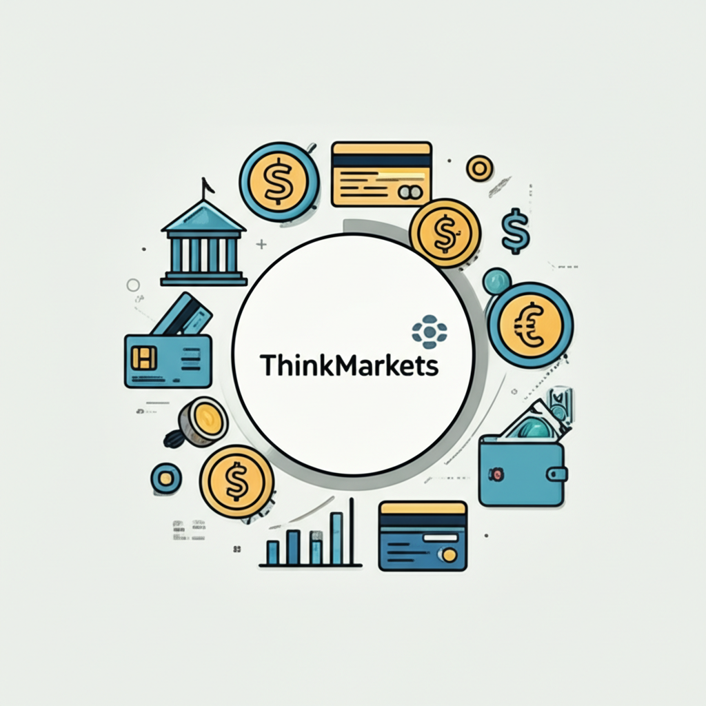 ThinkMarkets出金方式示意圖，包含銀行、信用卡與電子錢包等金融圖示圍繞品牌標誌
