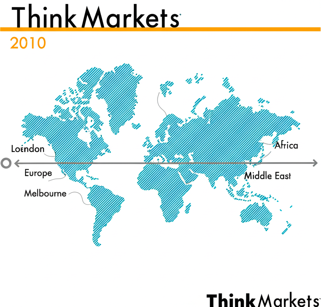 ThinkMarkets自2010年發展至今的時間軸，顯示其全球擴張歷程，總部位於倫敦與墨爾本