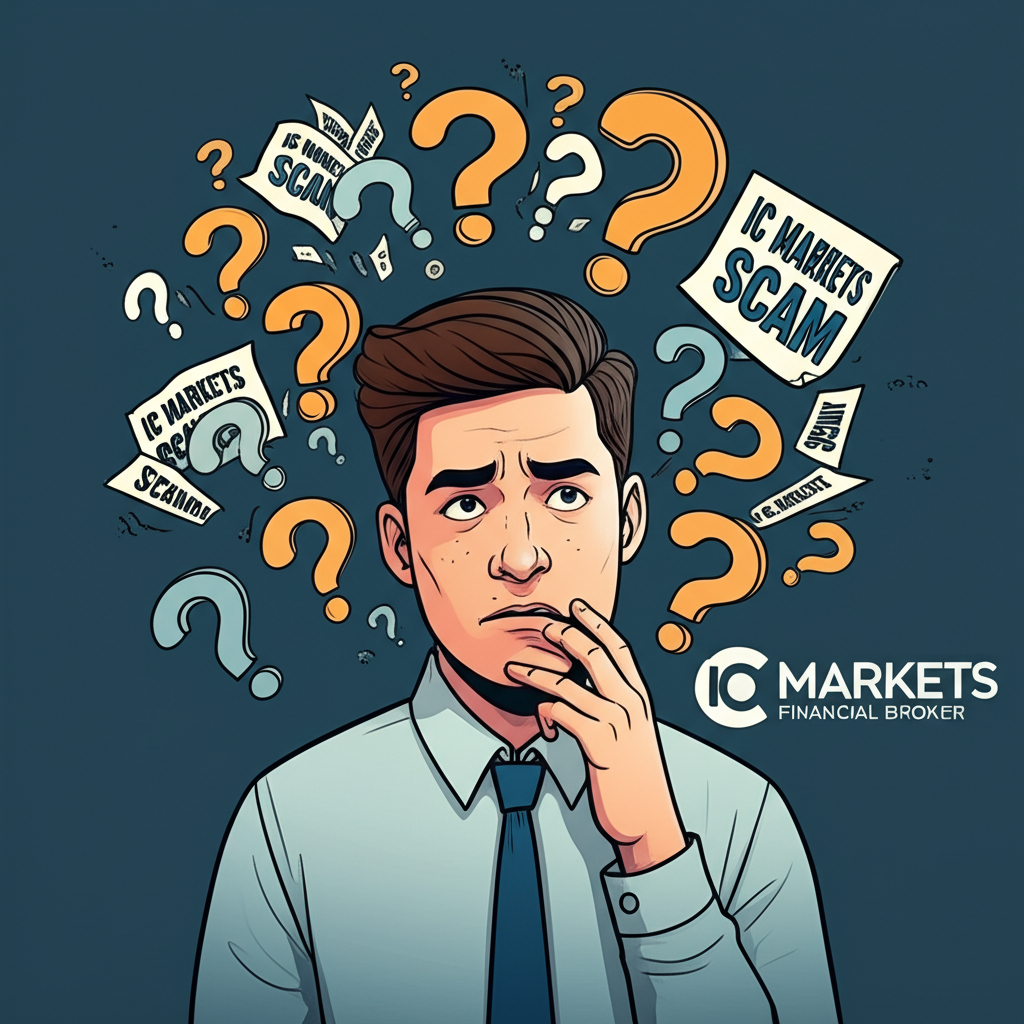 投資者困惑於IC Markets詐騙傳言的插圖,周圍充滿問號與矛盾資訊