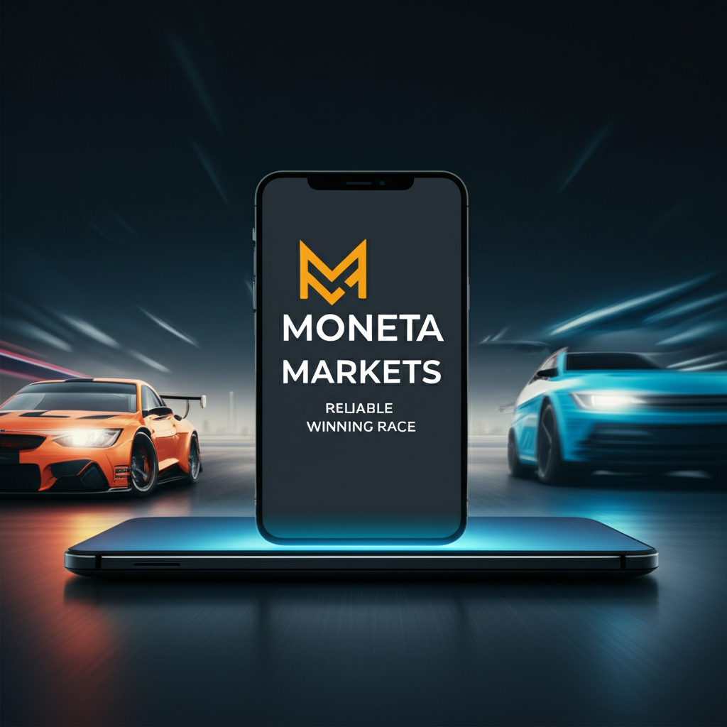 Moneta Markets 品牌形象圖，科技感、可靠性、交易速度領先