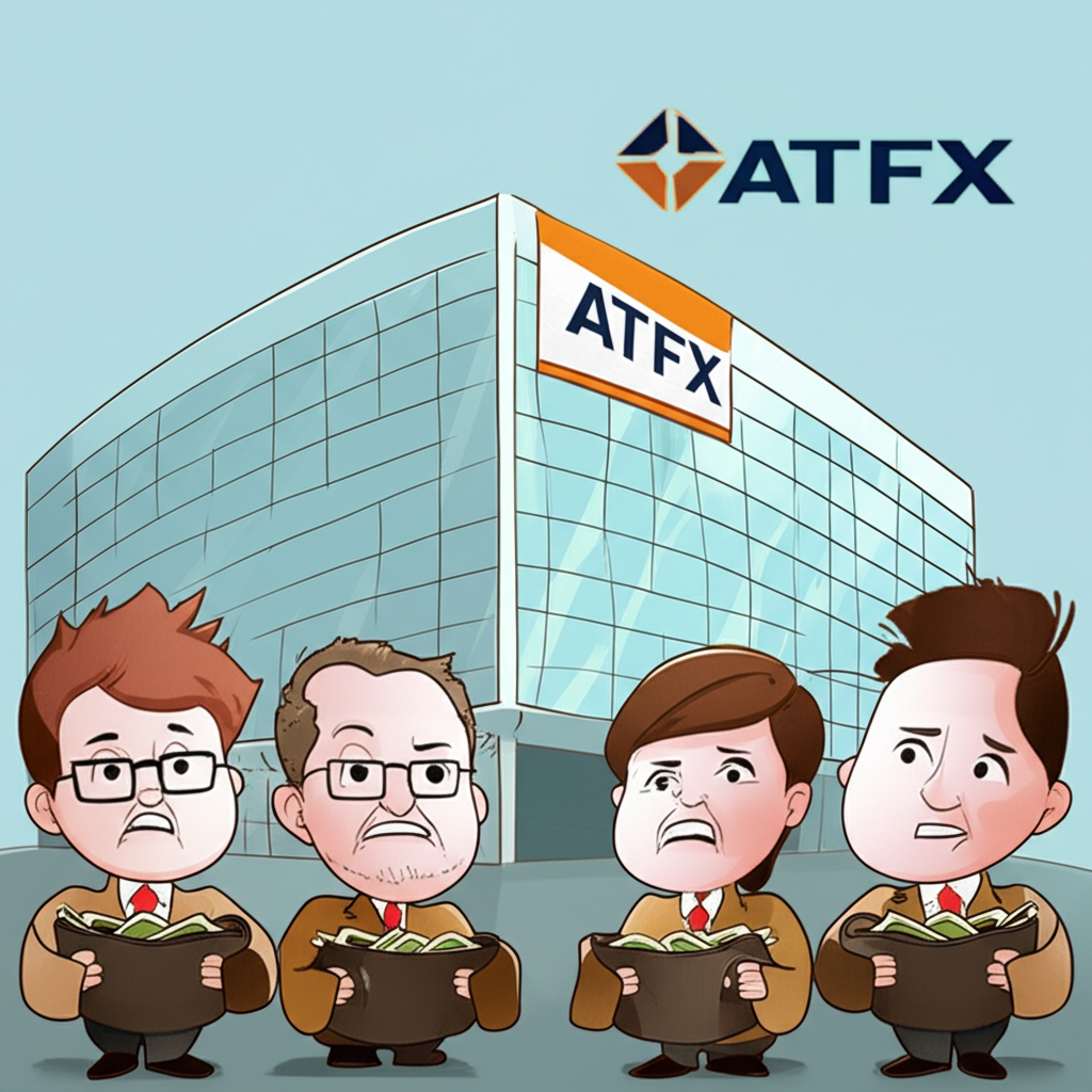 插畫風格，一棟現代化企業大樓掛著ATFX標誌，前方卻有投資人手持空錢包顯得憂慮，凸顯官方宣傳與市場現實的差距