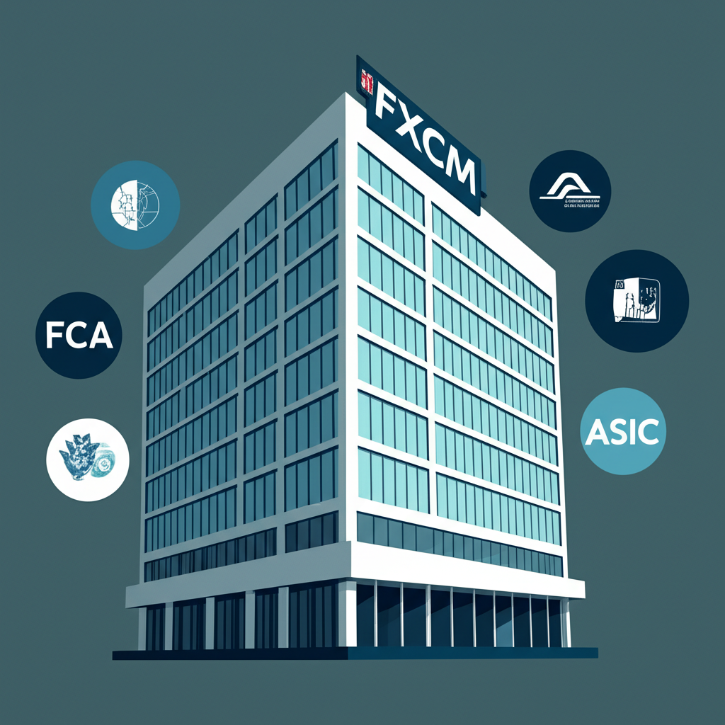 標有FXCM標誌的穩固金融機構大樓，周圍環繞FCA、ASIC等監管機構象徵，代表信譽與全球布局