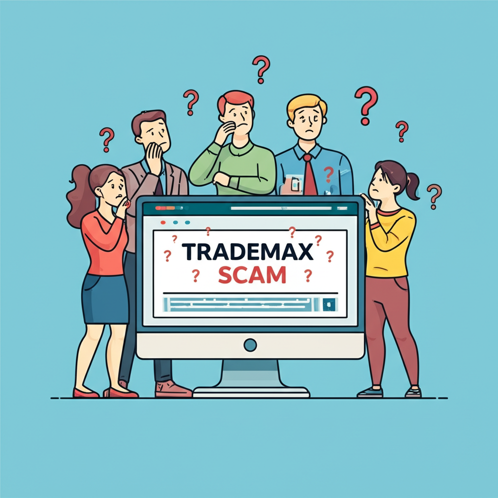 投資者憂心忡忡地看著電腦螢幕上顯示‘Trademax 詐騙’關鍵字與問號，反映大眾對平台正當性與安全性的普遍擔憂