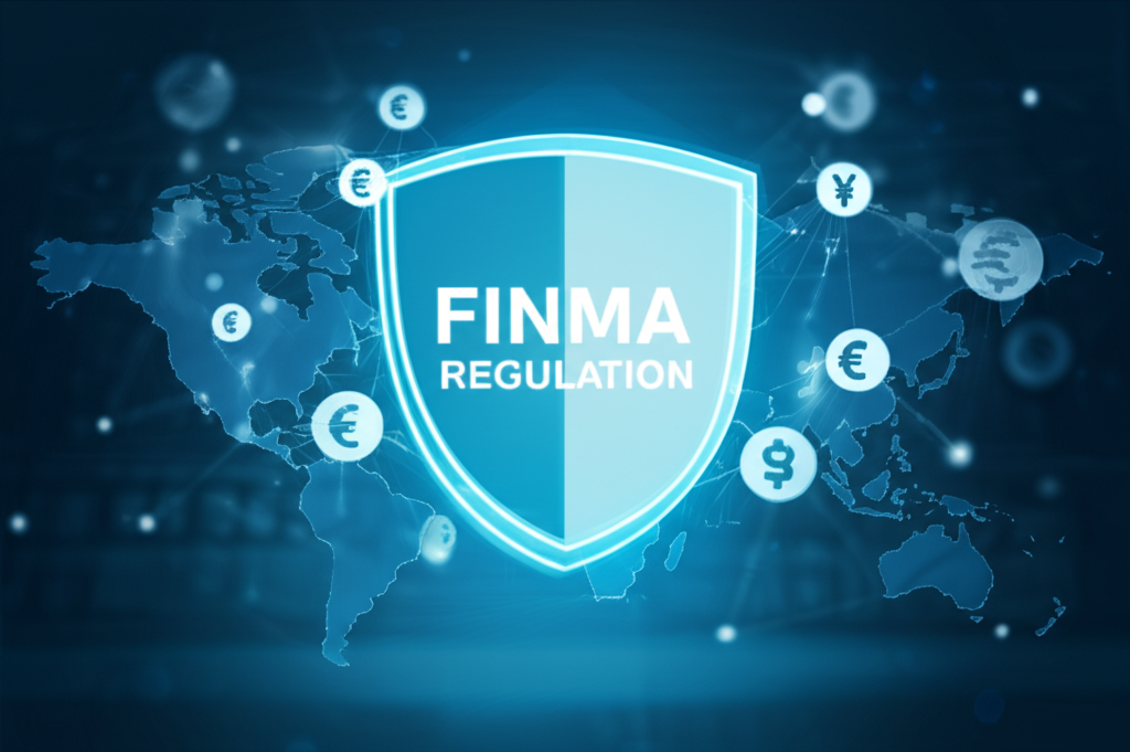 安全的數位銀行平台示意圖，背景有FINMA監管標誌與全球金融市場符號，象徵信譽與保障