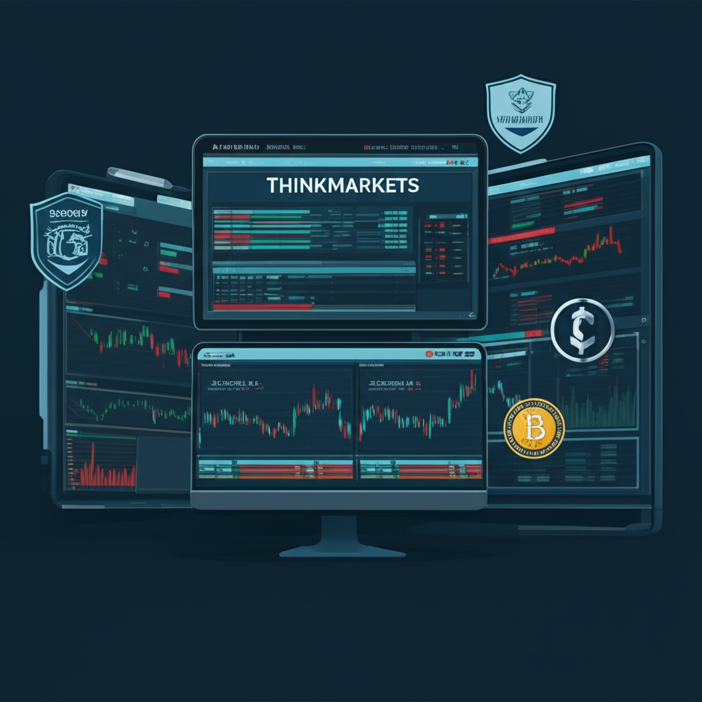 ThinkMarkets 智匯平台示意圖：專業交易環境中顯示多螢幕即時報價，包含外匯、指數、商品與加密貨幣，並標示監管徽章