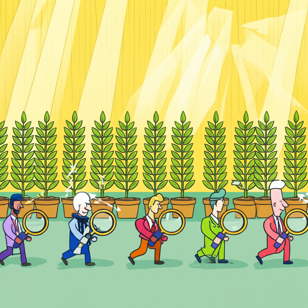 插畫呈現中小企業如植物般成長，投資者手持放大鏡在活躍市場中尋找隱藏的寶藏