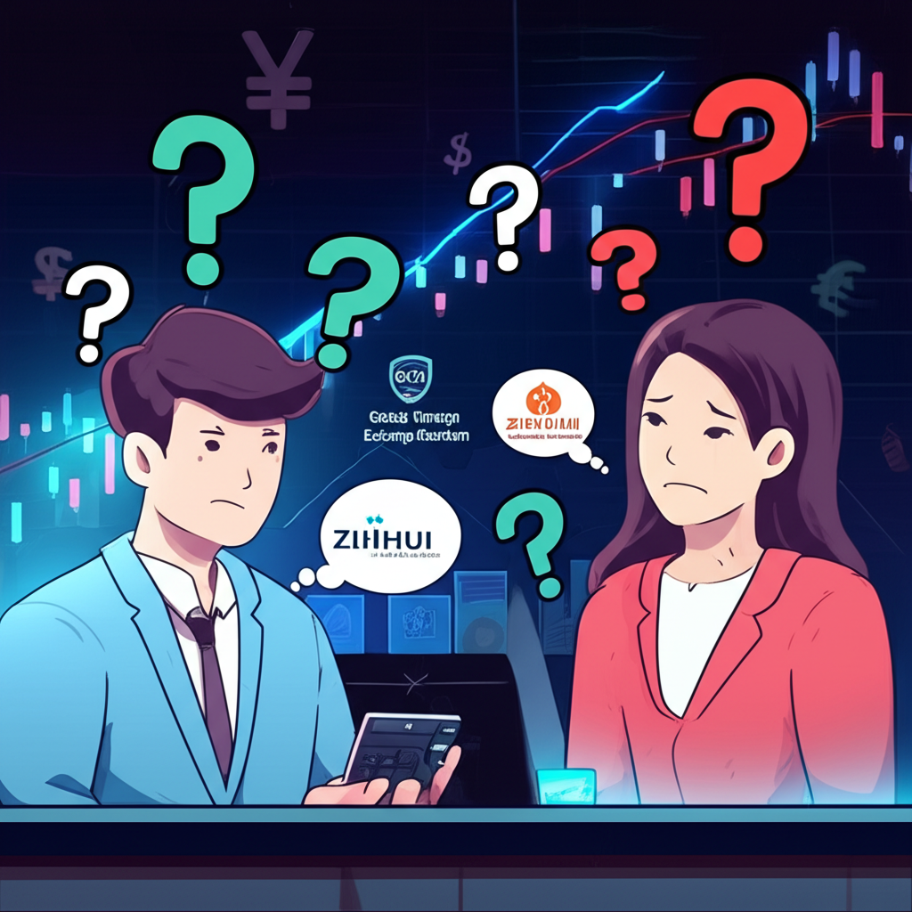 智匯詐騙示意圖：兩個標示為智匯的金融實體引發是否為詐騙的疑問，背景為金融市場與問號環繞