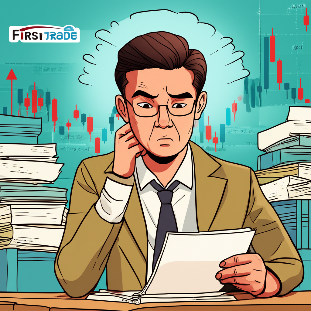 台灣投資人面對稅務文件感到困惑，背景有美股走勢圖與Firstrade標誌