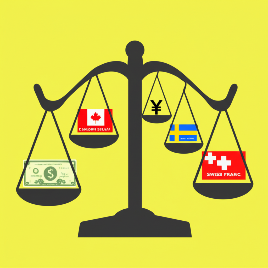 美元與六種主要貨幣加權計算的平衡秤示意圖