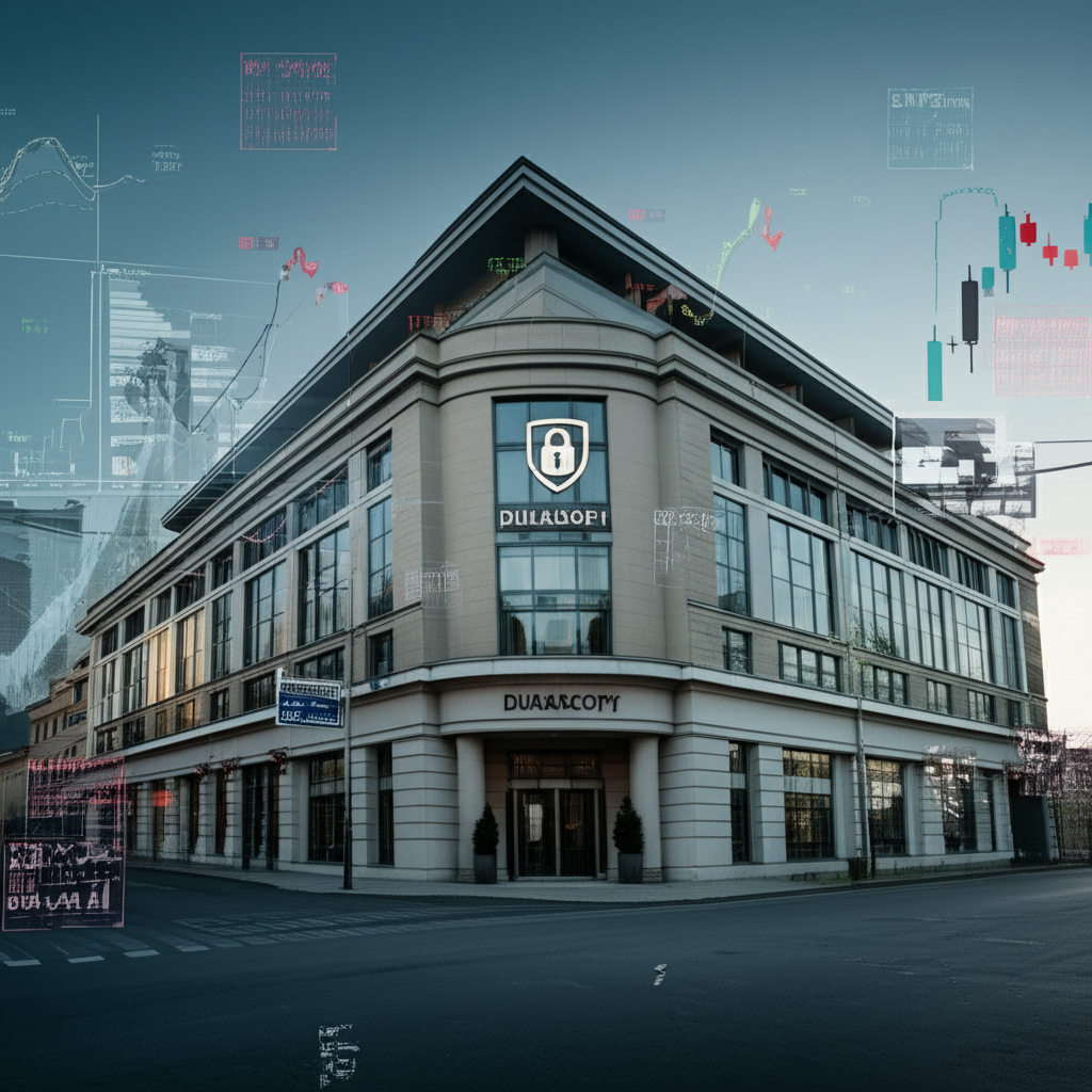 杜高斯貝銀行外觀與交易科技概念圖，展現瑞士金融實力與數位交易融合