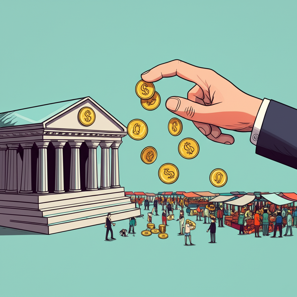 中央銀行建築旁，一隻巨手正將資金從繁榮的市場中收回，象徵量化緊縮在控制通膨與穩定金融市場中的角色