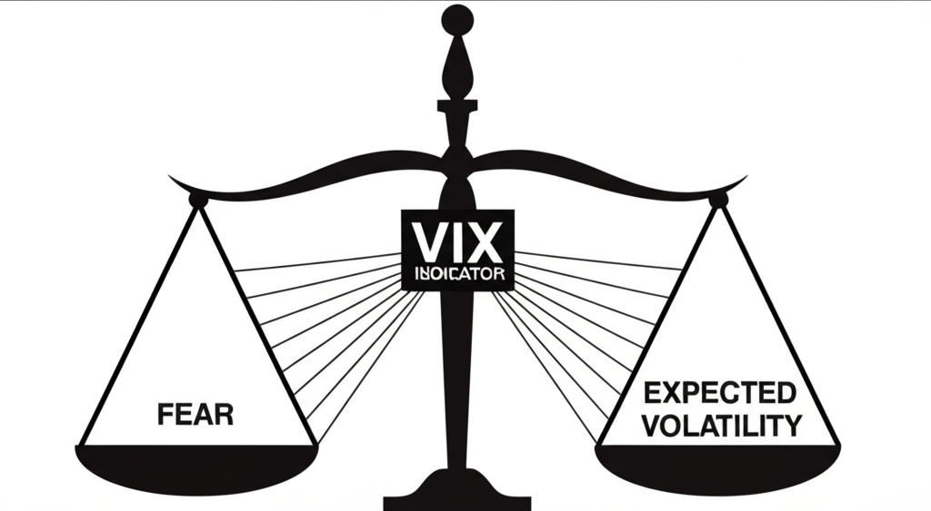 VIX計算原理插圖，顯示S&P500選擇權價格流入中央處理器生成VIX數值