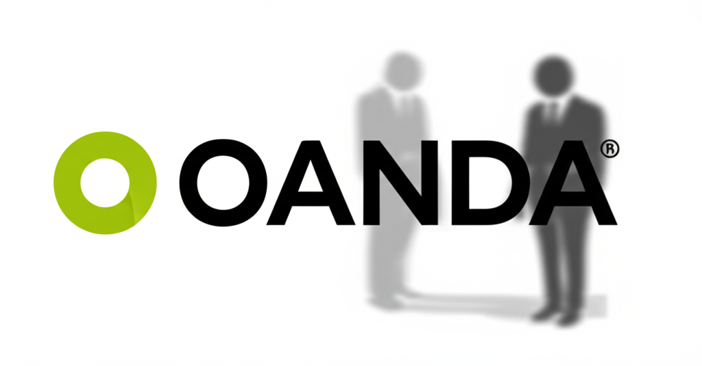OANDA品牌遭假冒示意圖：正規標誌後方隱藏詐騙者身影，象徵投資人面臨的信任危機