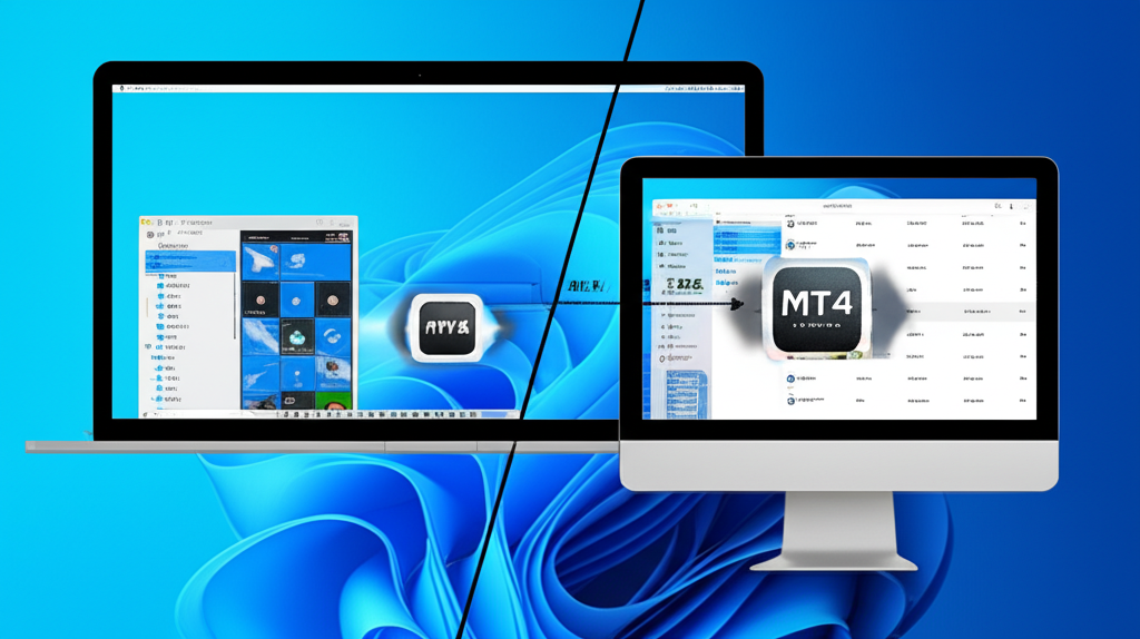 Windows與Mac雙螢幕顯示MT4安裝過程，包含進度條與應用程式拖曳至資料夾，M1/M2晶片細節融入其中