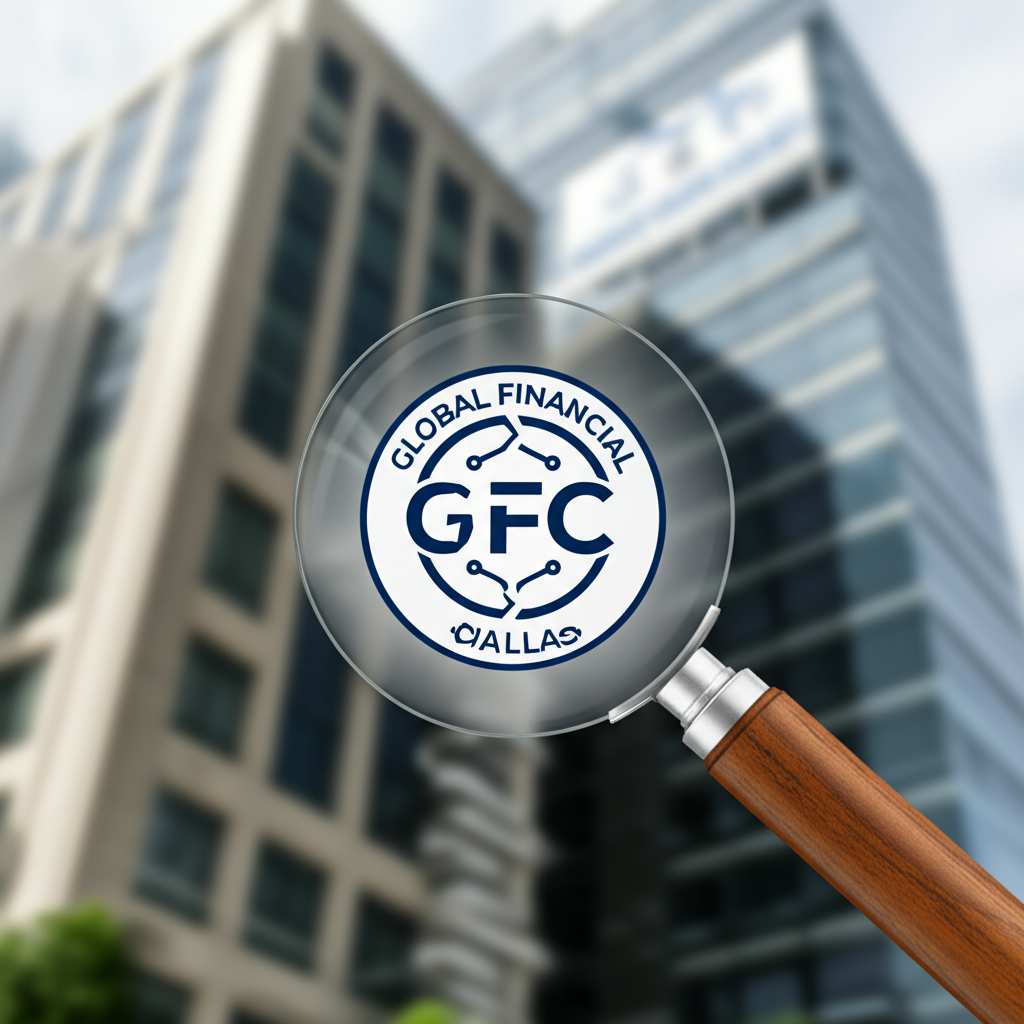 放大鏡檢視GFC Global Financial的標誌，顯示其僅是脆弱的外殼或假名，在擁有合法國際監管牌照的金融機構世界中毫無正當性