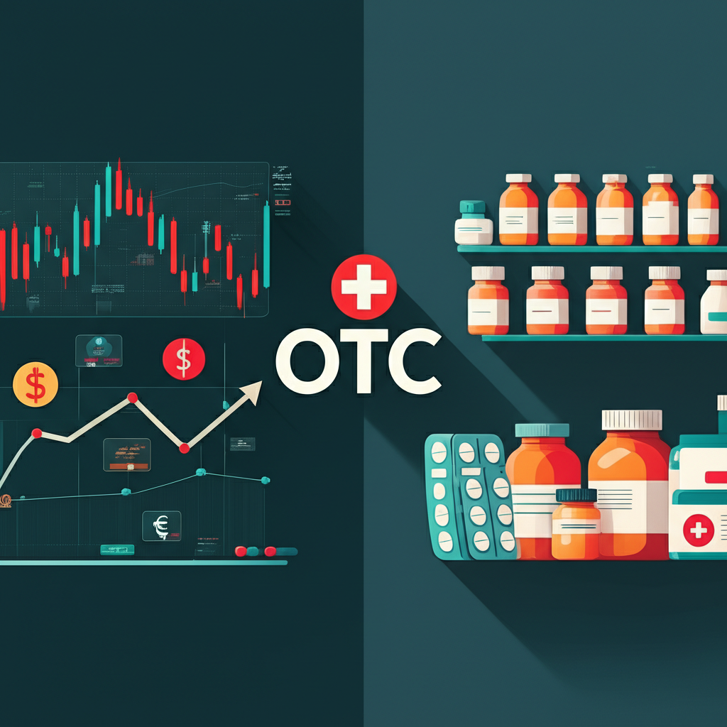 插圖：中央浮現「OTC」縮寫，兩側分別描繪金融市場與藥局場景，象徵一詞雙義