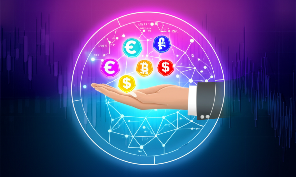 外匯、加密貨幣與期貨CFD交易類型示意圖：貨幣符號、區塊鏈與走勢圖交織於數位介面中