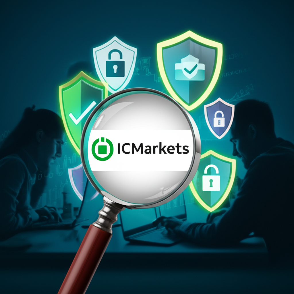 IC Markets平台接受審查,監管與資金安全象徵的數位插圖