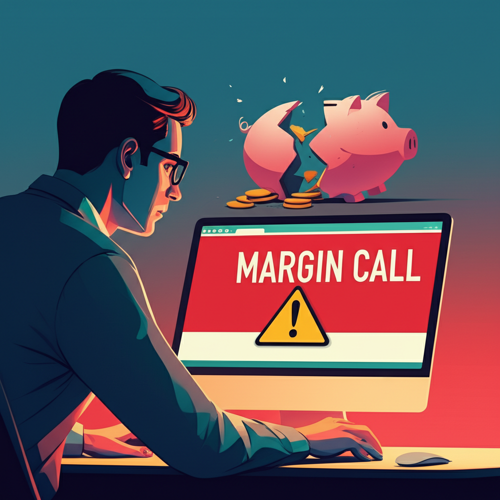畫面顯示螢幕上出現顯眼的Margin Call警告，象徵關鍵財務警訊，遠處以破碎的撲滿隱喻強制平倉的威脅