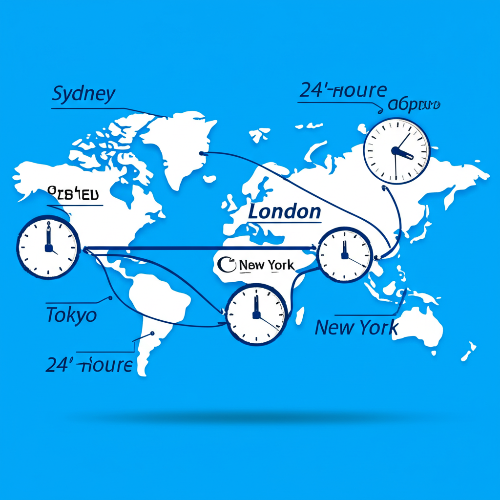 世界地圖顯示雪梨、東京、倫敦、紐約四大金融中心，以時鐘標示不同時區的交易循環，呈現外匯市場的全球連動性