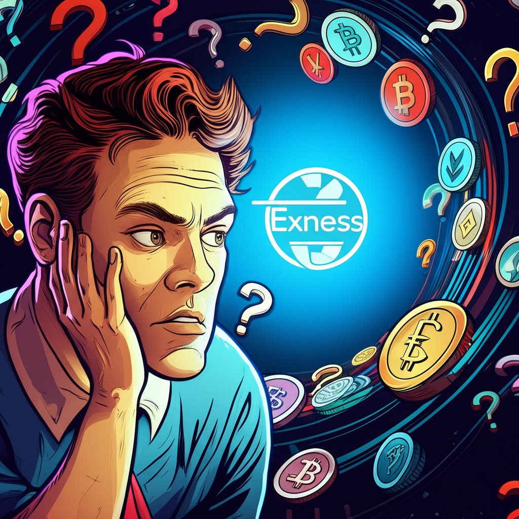 投資者面對Exness平台時的困惑與疑慮，象徵外匯交易中的高槓桿與資訊不透明