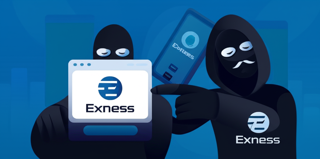 冒用Exness品牌進行詐騙的面具人物與假網站插圖
