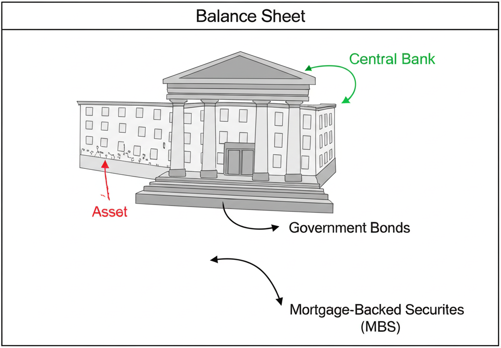 中央銀行資產負債表縮減示意圖，顯示政府公債與MBS等資產項目逐漸減少，代表資金從市場中被收回