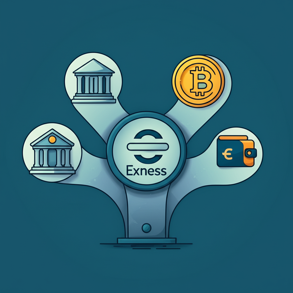 Exness支援多種出金方式的示意圖，包含銀行、電子錢包與加密貨幣，象徵多元選擇