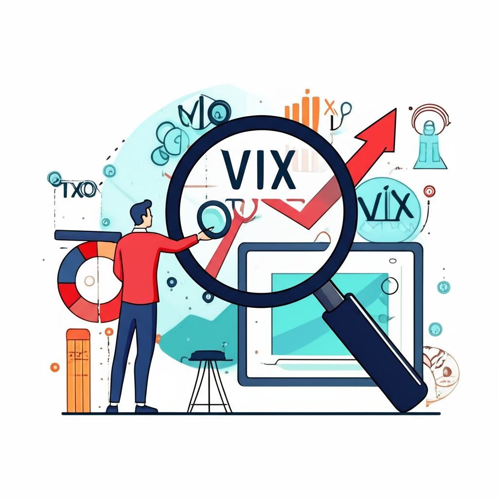 投資人分析市場圖表，畫面中包含VIX與TXO VIX指標，搭配放大鏡象徵深入探討定義、計算方式與投資策略