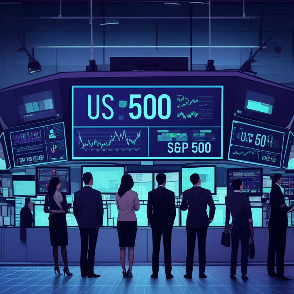忙碌的股票市場場景，螢幕顯示US500與S&P 500標誌，代表經濟健康與大型企業表現