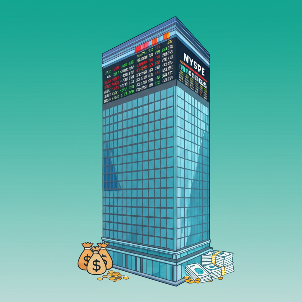 大型企業建築插圖，上方有紐交所股價跑馬燈，象徵透明與可信度的錢袋與文件