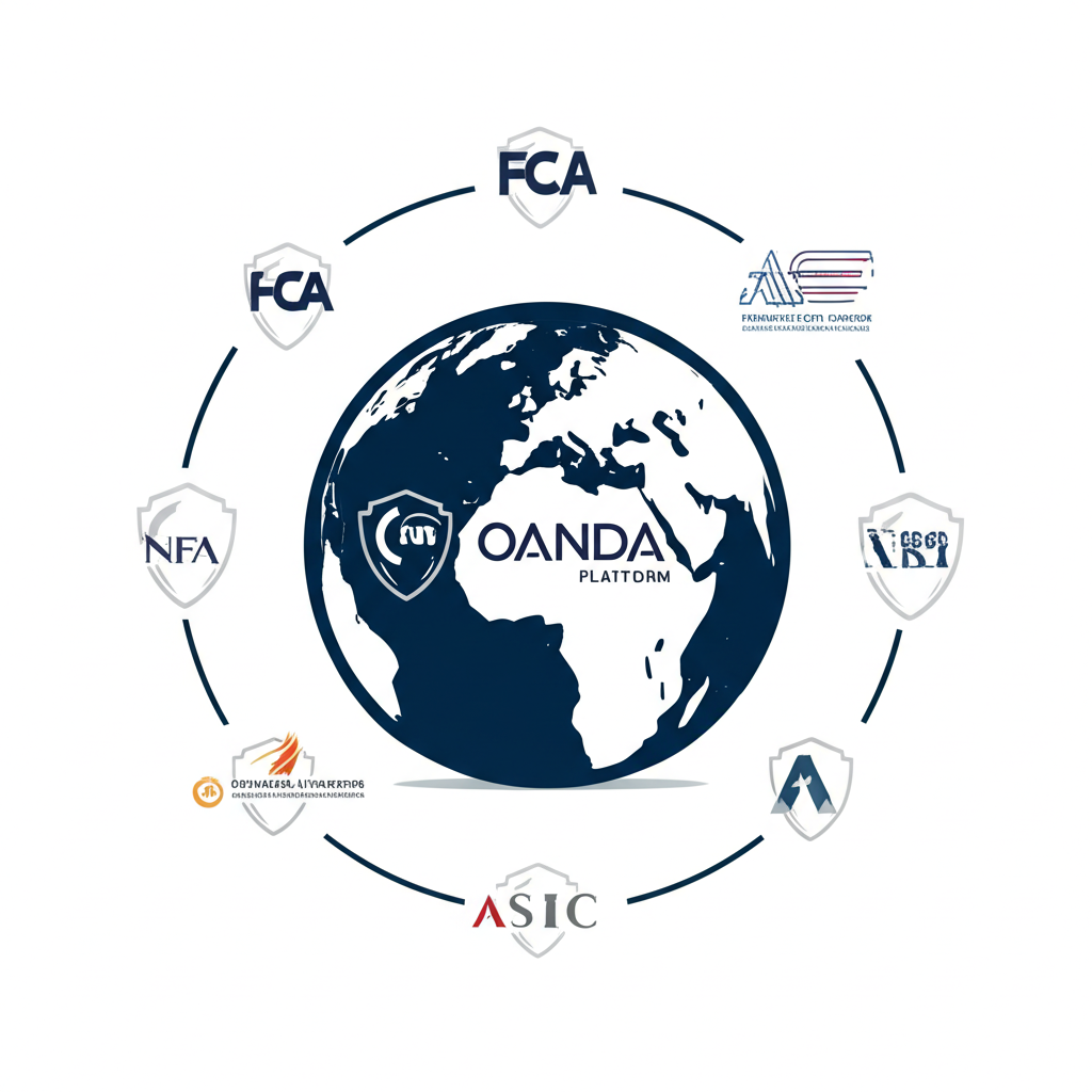 OANDA受全球監管示意圖：地球周圍環繞FCA、NFA、ASIC等監管機構標誌，中央平台由盾牌守護，象徵多重保護