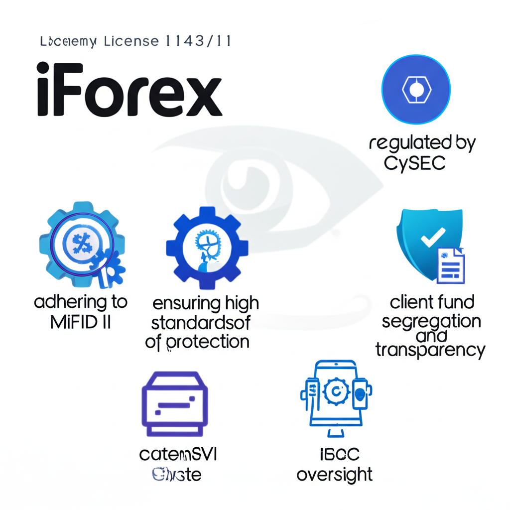 iForex 受賽普勒斯證券交易委員會 CySEC 監管，牌照號碼為143/11，遵循 MiFID II 標準，並可能受 BVI 金融服務委員會監督，確保資金分離與高透明度