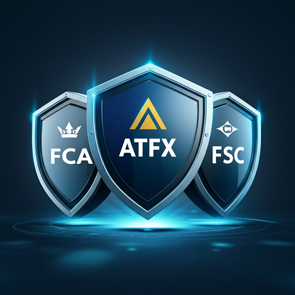 FCA、CySEC、FSC三大金融監管機構的盾牌標誌守護著標有ATFX的數位交易平台，象徵強大的安全與合規保障