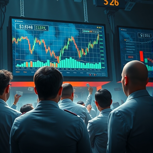 金融市場風暴來襲,交易大廳陷入混亂,螢幕呈現血紅走勢