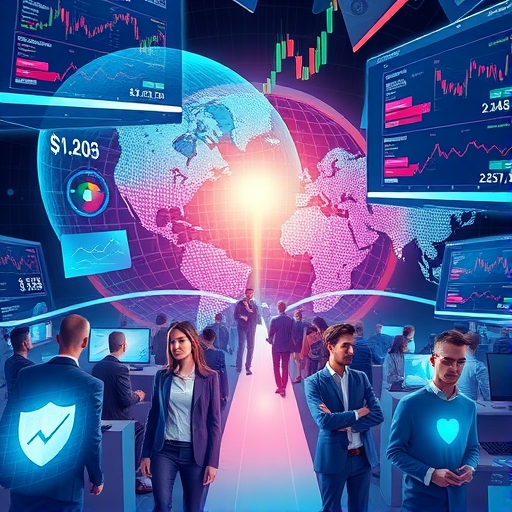 高科技感外匯交易系統視覺圖，呈現全球資金流動與即時數據交換情境