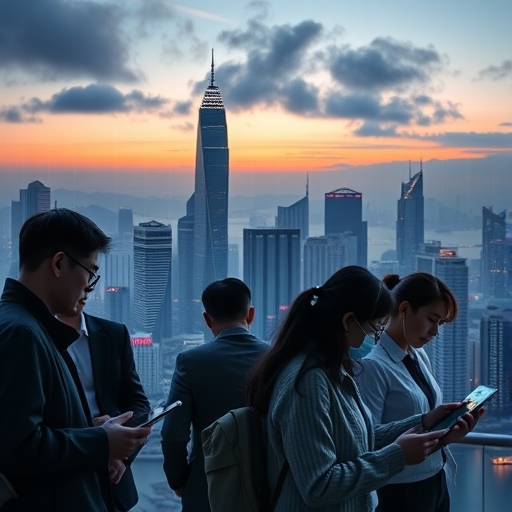 2025年黃昏時分的未來香港金融區天際線，象徵外匯與金融科技的融合發展
