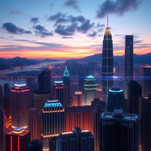 2025年傍晚的未來感香港城市景觀，象徵金融與科技融合的外匯交易新時代