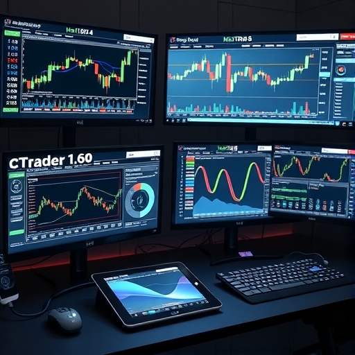 高科技外匯交易桌面場景，多螢幕顯示即時匯率與圖表分析，展現專業交易環境