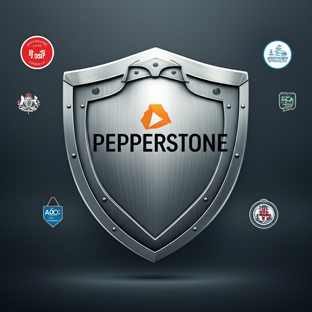 代表信任與安全的盾牌插圖，中央為Pepperstone標誌，周圍環繞ASIC、FCA等監管機構徽章