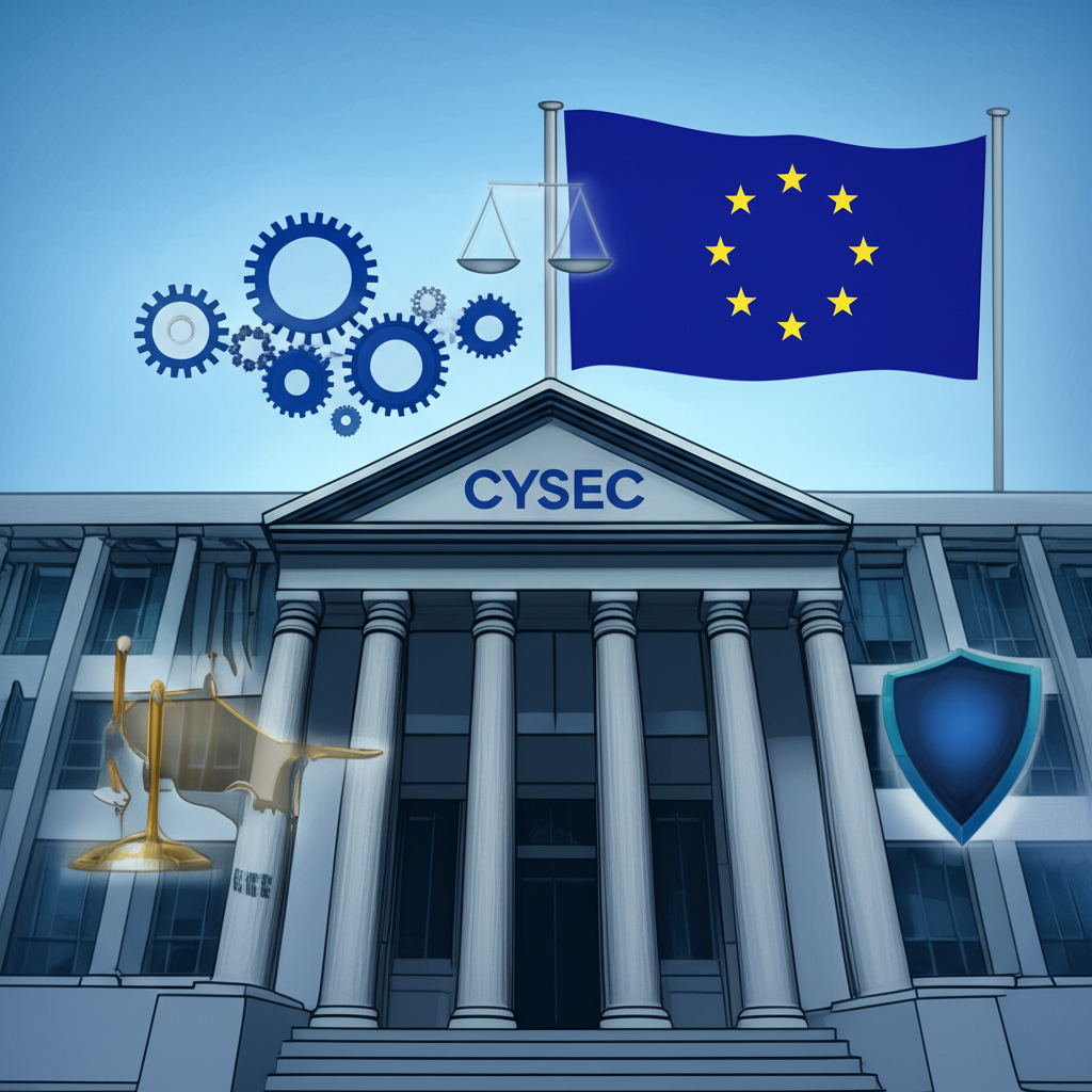 賽普勒斯CySEC大樓插畫，旁有歐盟旗幟，背景為透明公平市場的齒輪與天平，前方有保護投資者的盾牌
