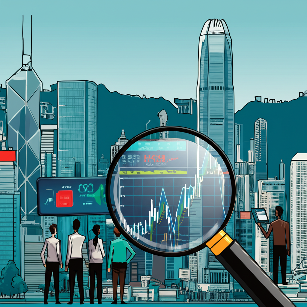 香港金融區繁忙景象，螢幕顯示恒生指數走勢，投資者關注HS50與HK50交易，放大鏡凸顯黑市交易概念與潛在風險