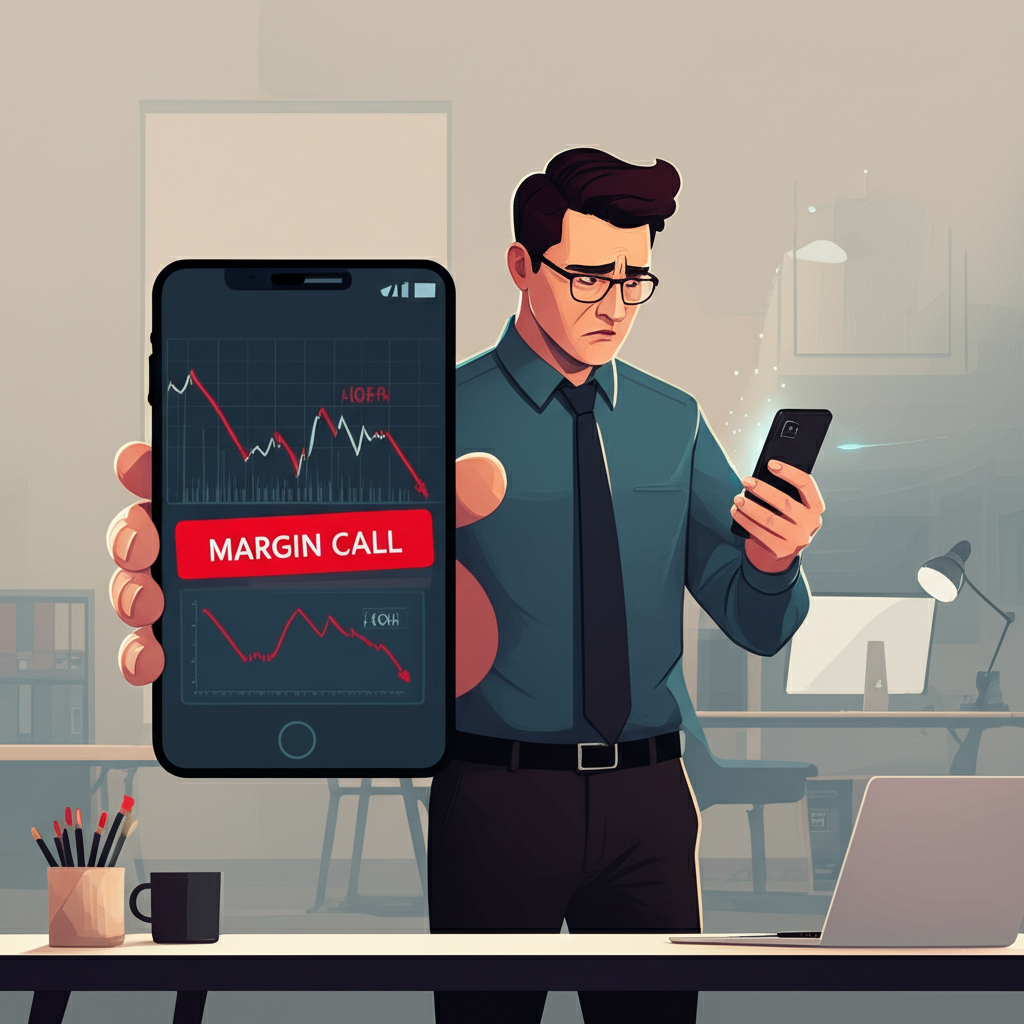 投資人收到追繳保證金通知的示意圖，顯示手機上的Margin Call警示與下跌的財務圖表