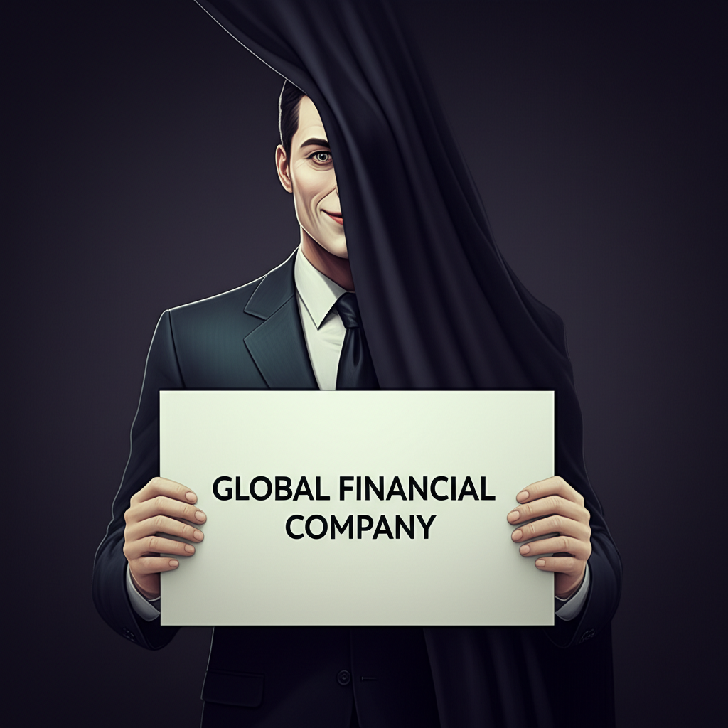 一名穿著西裝、面帶虛假微笑的人拿著寫有Global Financial Company的招牌，真實身份與意圖藏在模糊的面紗背後