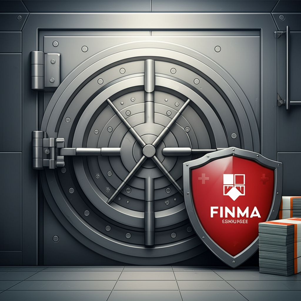 瑞士銀行金庫插圖， prominently 顯示 FINMA 標誌與防護盾，象徵瑞訊銀行受嚴格監管與存款保障