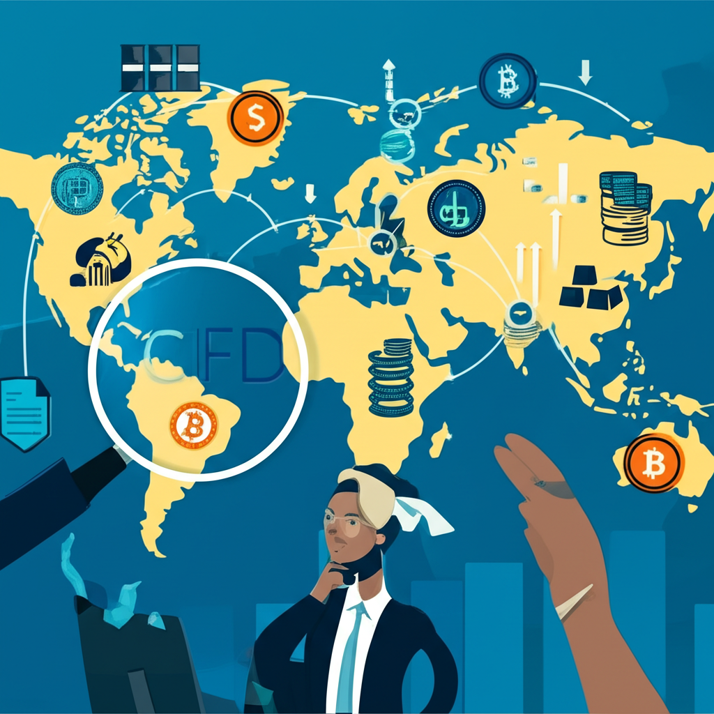 全球金融市場中的差價合約概念圖，包含各類資產圖示與價格走勢線，一名初學者正在評估機會與風險