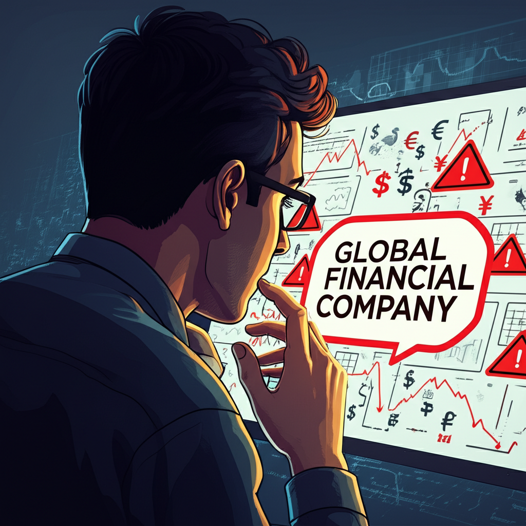 一名民眾盯著滿是金融符號與警告標誌的螢幕，畫面標示Global Financial Company，凸顯金融詐騙的普遍性與資金損失風險
